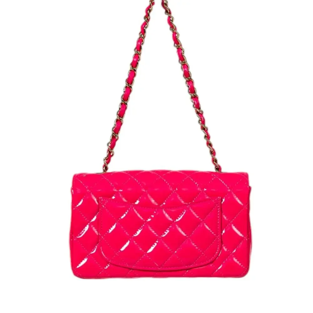 Chanel Patent Leather Quilted Interlocking CC Flap Mini Shoulder Bag Neon Pink - Picture 3 of 3